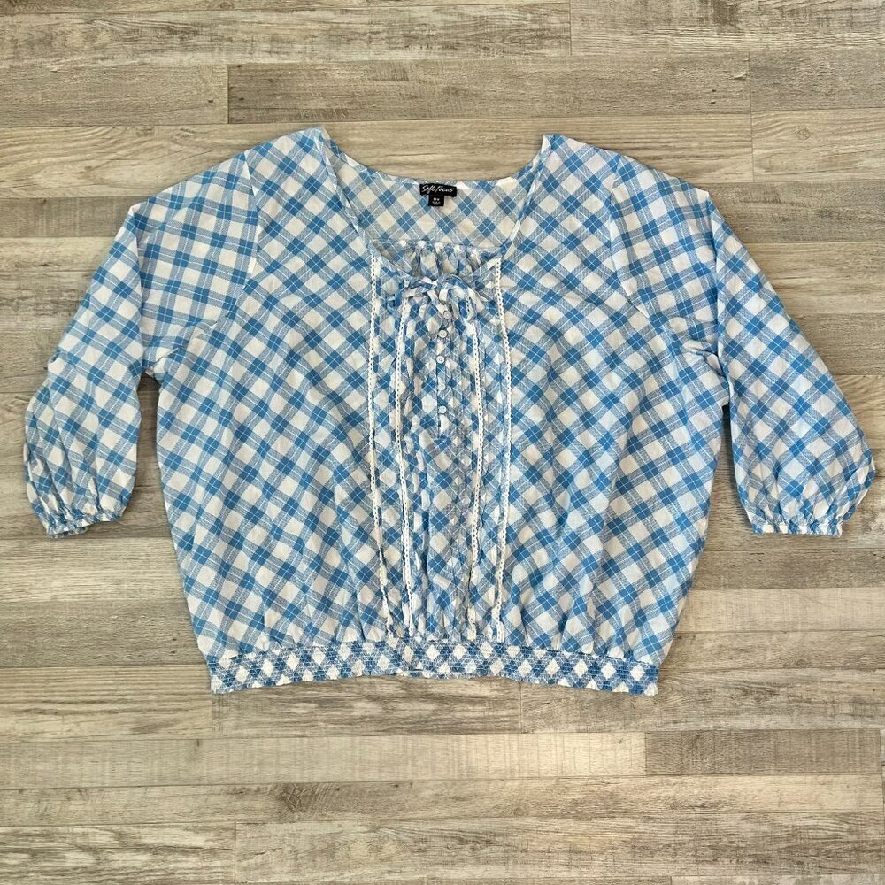 Soft Focus Blue Plaid Peasant Style Top Size 34 3/4 Sleeve S38